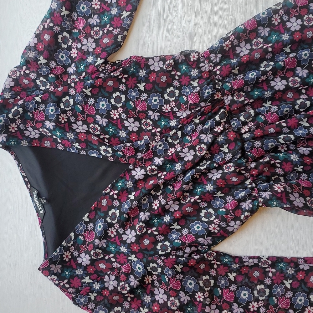 Express Black Pink and Purple Floral Long Sleeve Blouson Dress XS